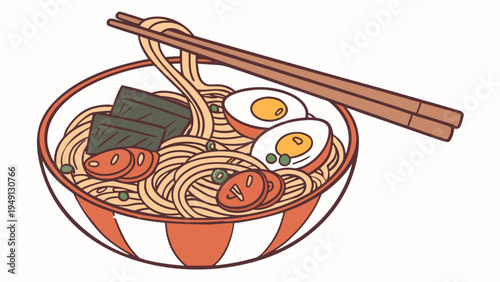 A steaming bowl of ramen noodles served with chopsticks and garnished with eggs and vegetables