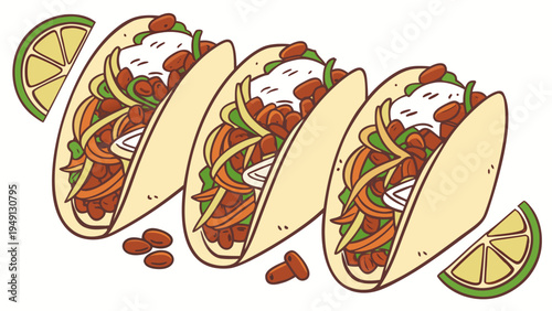 A colorful vector illustration of four tacos with various toppings and lime wedges