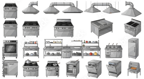Professional Commercial Kitchen Vector Set – Industrial Stainless Steel Equipment, Stoves, Vent Hoods and Restaurant Food Preparation Area