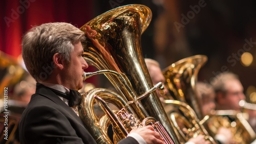 Musician plays tuba in orchestra during concert at local theater in evening