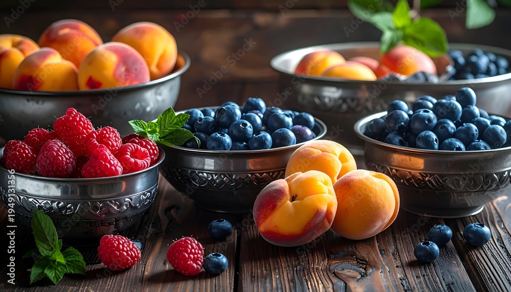 Naklejka premium Fresh Summer Fruits - Peaches, Blueberries, and Raspberries in Bowls.