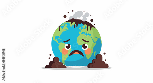 Cartoon illustration of a sad Earth with a frowning face surrounded by pollution on a white background.