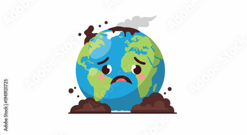 Illustration of a sad Earth with a frowning face buried in mud and debris on a white background with a cinematic feel and a somber mood.