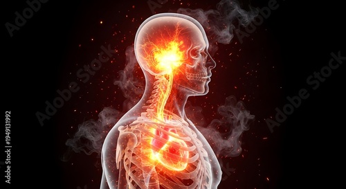 Human Body with Burning Organs and Skeleton
