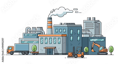 Illustration of an industrial complex with buildings, trucks, and construction equipment against a white background with a modern and industrial mood.
