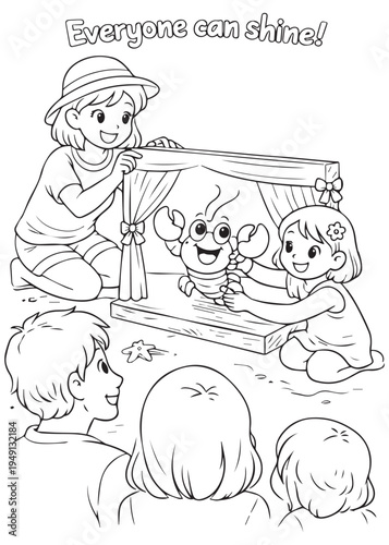 coloring book mother and children presenting a puppet show on the sand, everyone can shine