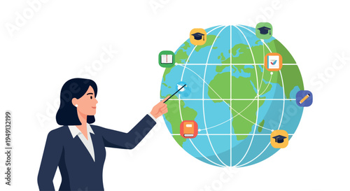 A professional woman in a business suit presenting a global map with various icons on it, using a pointer stick, against a clean white background with a professional and educational mood.