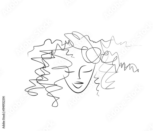Portrait of a woman with flowing hair on a white background. A girl with a voluminous curly hairstyle - a logo for a beauty salon in an art style.