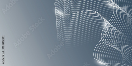 Abstract gray and white gradient background with glowing white wave lines. Modern dynamic flowing wave line design with halo effect. VOL. 2
