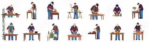 Vector set of an elderly man carving roasted turkey and preparing festive meals for holiday celebrations like Thanksgiving and Christmas dinner.