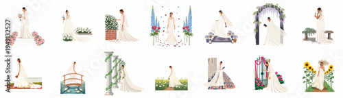 Elegant Collection of Illustrations Featuring Brides in Various Scenic Wedding Settings and Gowns, Celebrating Different Styles and Romantic Environments.