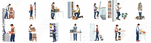Collection of flat vector illustrations depicting librarians and bookstore staff engaged in various professional activities like shelving, scanning, and organizing books.