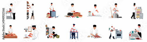 Vector illustration set of professional chefs processing, sorting, drying, and cooking chili peppers in various commercial kitchen and pantry settings.