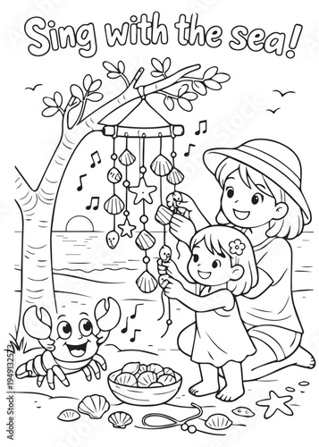 coloring book mother and daughter hanging a seashell wind chime while singing with the sea