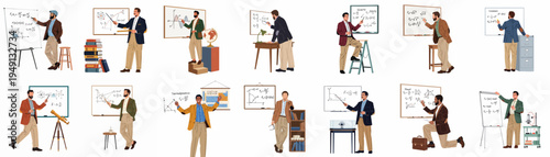 Collection of male professors and scientists teaching and researching, featuring whiteboards, scientific formulas, and laboratory equipment in a clean flat illustration style.