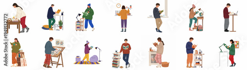 Collection of diverse people studying, reading, and working at home in cozy pajamas and warm sweaters, flat vector illustration character set.