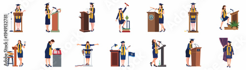 Collection of flat vector illustrations depicting female graduates in academic gowns giving speeches, receiving diplomas, and celebrating their graduation ceremony.