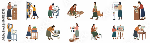 Collection of illustrations depicting professional women engaged in archival work, photo curation, research, and documentation in a vintage-inspired flat style.