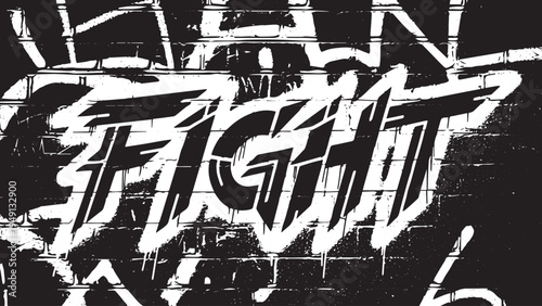 Grungy black and white 'FIGHT' graffiti text vector illustration on a brick wall background, perfect for urban street art designs, posters, and banners.