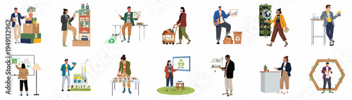 Flat vector illustrations of diverse people engaged in environmental sustainability, recycling, and green business activities.