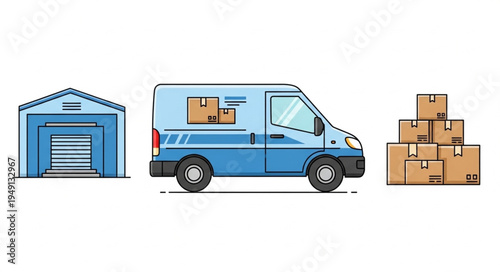 Delivery Service Illustration - Van, Boxes, and Warehouse.