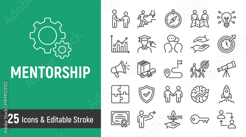 Mentorship icons and editable stroke illustrations for business and education