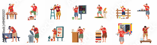 Collection of illustrations showing a man in distress while participating in a spicy food challenge, sweating and reacting to extreme heat from chili peppers.