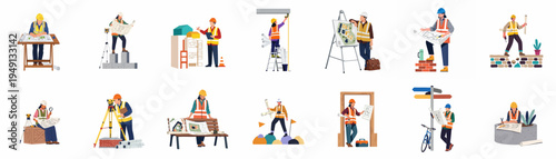 Set of flat vector illustrations depicting diverse construction professionals, architects, and engineers working with blueprints and specialized tools on building projects.