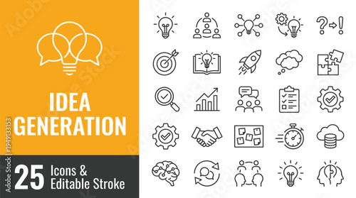 Business idea generation icons set for creative thinking and innovation strategy