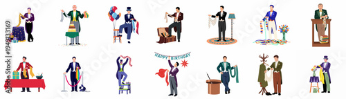 Collection of male magicians and entertainers performing magic tricks and celebrating birthdays with props in a flat vector illustration style.