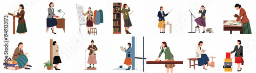 Collection of professional woman character illustrations in various academic and business settings, featuring teachers, researchers, and public speakers in flat vector style.