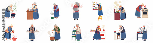Illustrations of an elderly grandmother cooking and preparing homemade berry jam in her kitchen, showing various steps from boiling to canning.