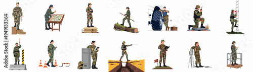 Collection of female soldiers in camouflage uniforms performing various military duties and training exercises, isolated flat vector illustrations.