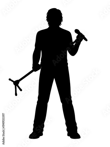 Black silhouette of male singer holding microphone and stand in full length front view isolated on transparent background. Concept of live music performance, concert stage and entertainment 