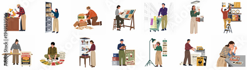 Collection of diverse people archiving, researching, and organizing historical restaurant menus, posters, and fast food memorabilia in various settings.