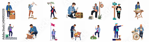 Collection of diverse characters engaged in fun geocaching, scavenger hunts, and outdoor treasure hunting adventures, illustrated in a flat, modern style.