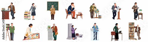Set of flat vector illustrations featuring diverse academic professionals, professors, and students in classic scholarly and library environments.