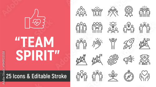 Team spirit icons set for business and motivation with editable stroke