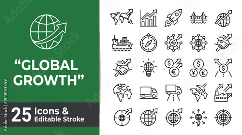Global growth business icons set for marketing and finance strategy