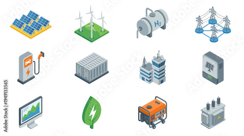 Isometric view of alternative energy source icons representing sustainable power options and eco-friendly technologies