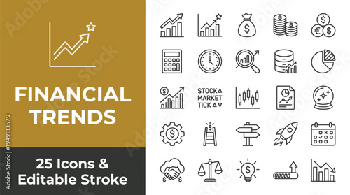 Financial trends icons set for business and stock market analysis with editable stroke