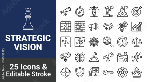 Business strategy icons set for planning and vision with editable stroke