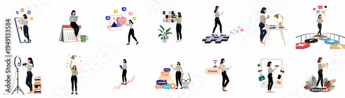 Set of Flat Vector Illustrations Depicting a Female Social Media Manager Engaged in Various Digital Marketing and Content Creation Activities