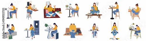 Vector illustration set of a young female digital artist and graphic designer working in various locations like cafes, home, and outdoors.