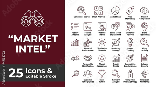 Market intelligence icons for business analysis and strategy planning with 25 editable elements