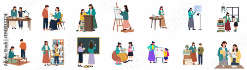 Flat vector illustration set of teachers and students in various educational scenarios like tutoring, classroom learning, studying, and taking exams.