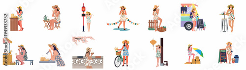 Flat Vector Illustrations Collection of a Young Woman Enjoying Various Street Food, Outdoor Activities, and Summer Travel Experiences in Different Urban Settings.