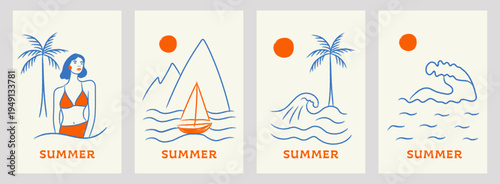 Summer beach doodle vector illustration set in crayon, hand-drawn pencil style:  woman by a palm tree,a sailboat before mountains,a curling wave with a palm tree,and an oceancrest beneath a bright sun