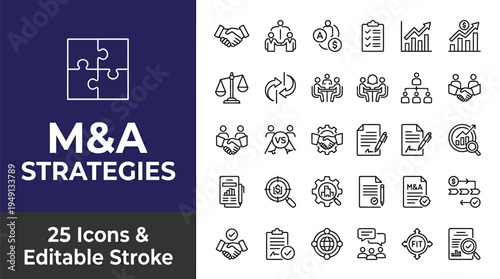 Business mergers and acquisitions strategy icons set for corporate finance and investment planning