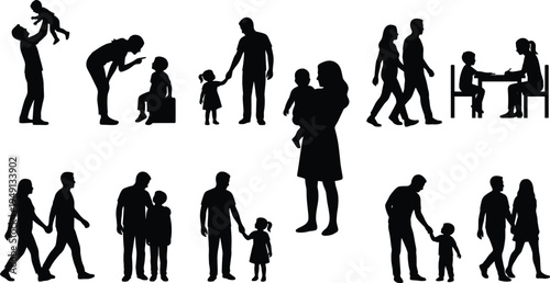 Family parenting silhouette set showing mother father child walking holding hands teaching playing baby care lifestyle black isolated vector collection